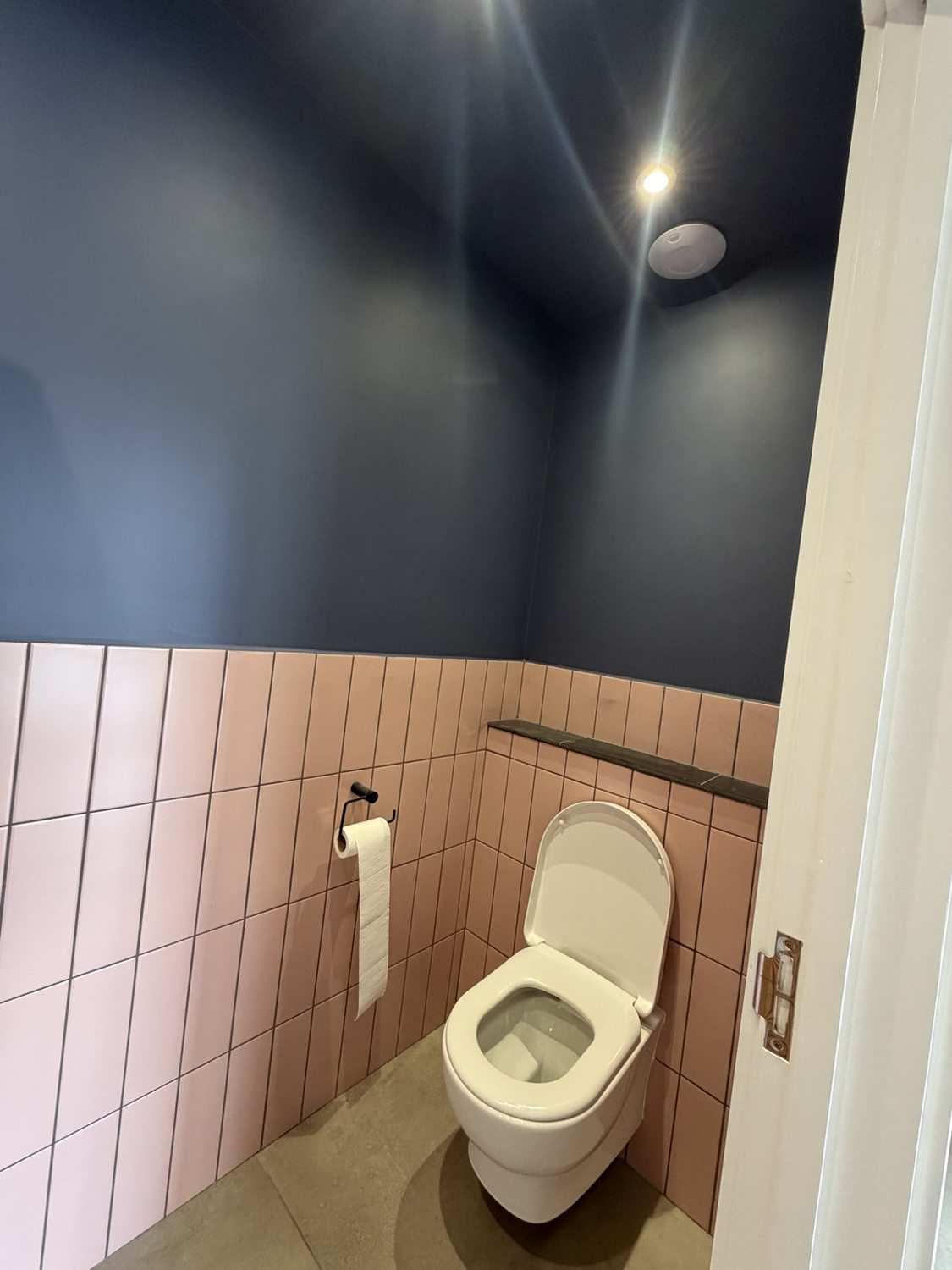 Downstairs WC with deep blue painted walls above the existing pink tiling